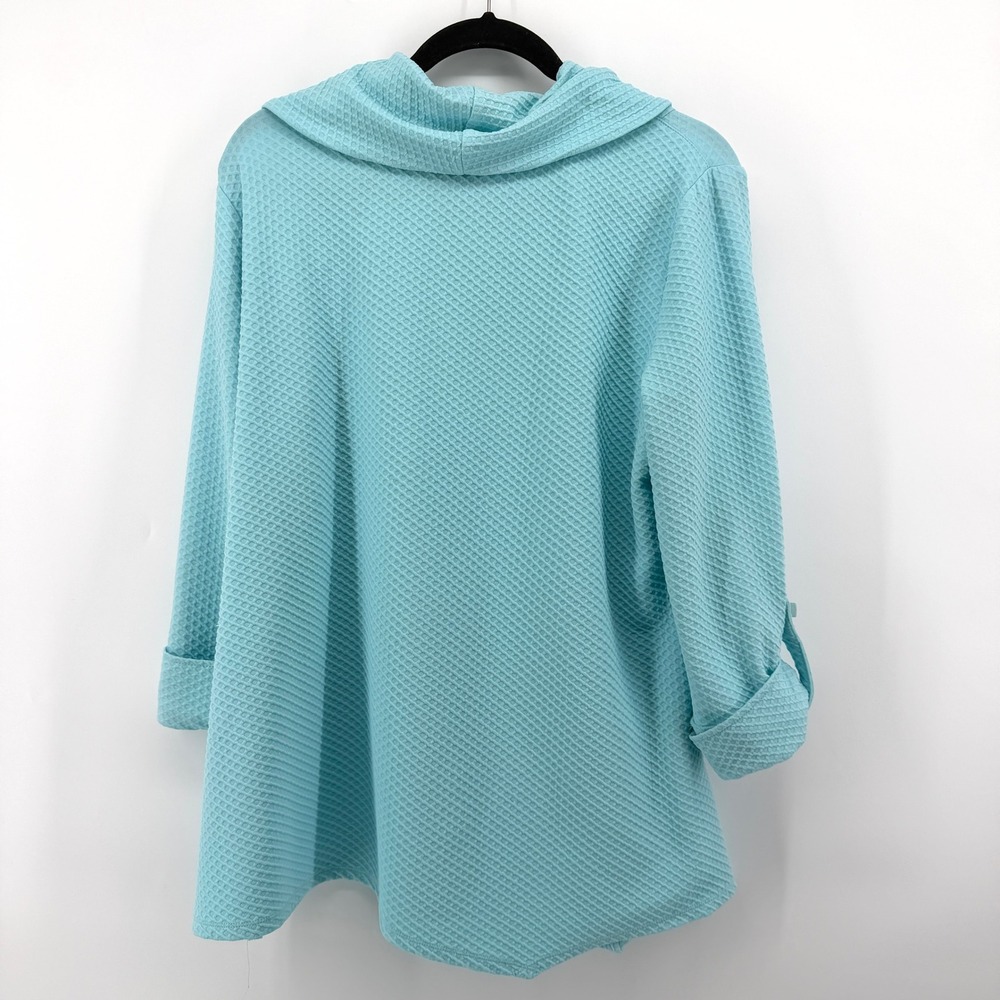 Ali Miles Womens Aqua Blue Waffle Knit Cowl Neck Roll Tab Sleeve Tunic Top Large - Picture 8 of 10